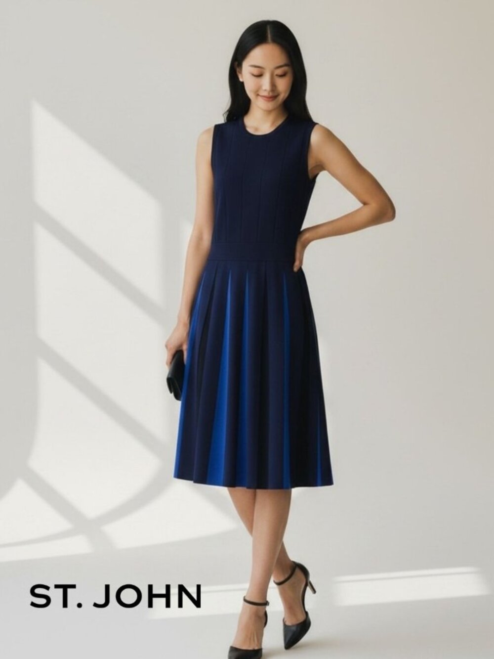 St. John Contrast Stripe Pleated Midi Dress